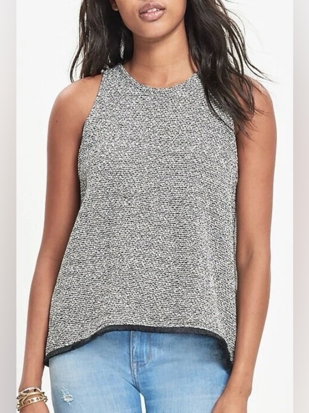 Madewell Swingy Fringe Tank Shirt Black White Sleeveless Size XSmall Style F1612